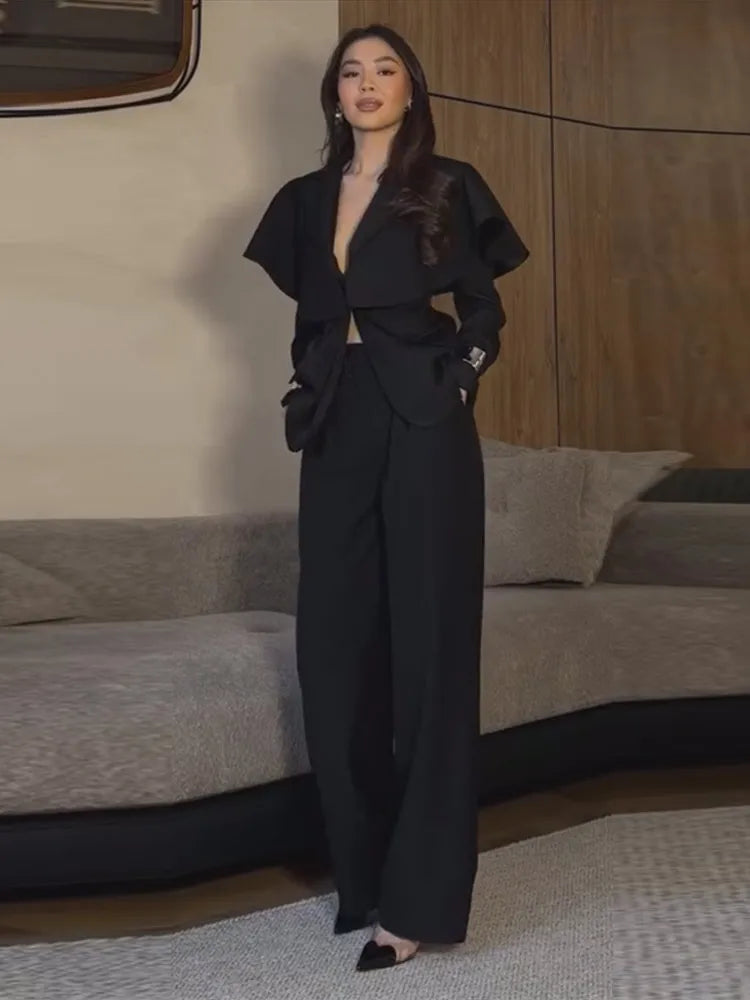 Shawl Lapel Blazer and Pants Set With Pockets for Women