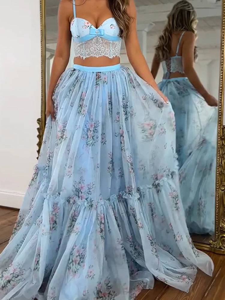Printed Spaghetti Strap Top and Maxi Skirt Set for Women