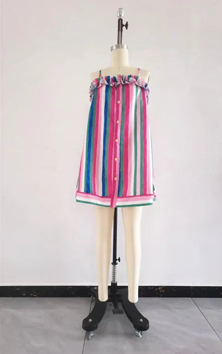 Lightweight Thin Strap Ruffle Trim Striped Mini Dress for Women