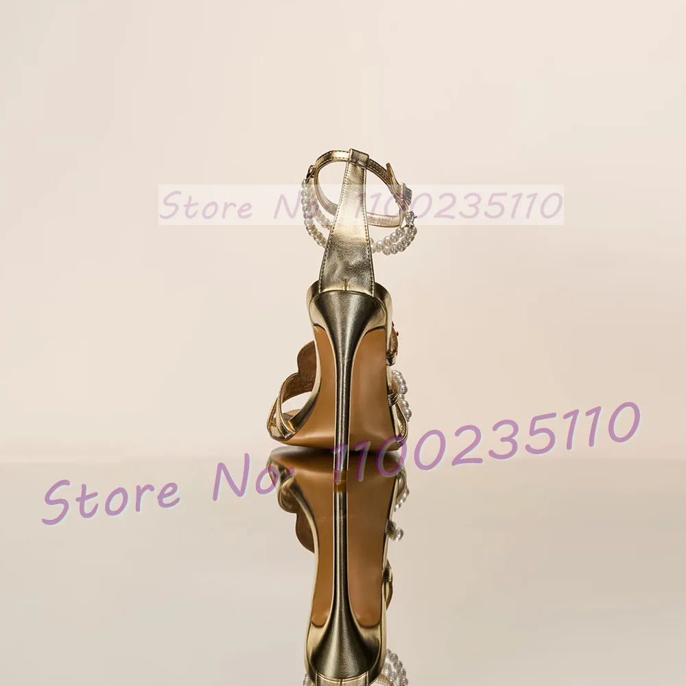 Light Gold Metallic Pearl Strap Sandals For Women