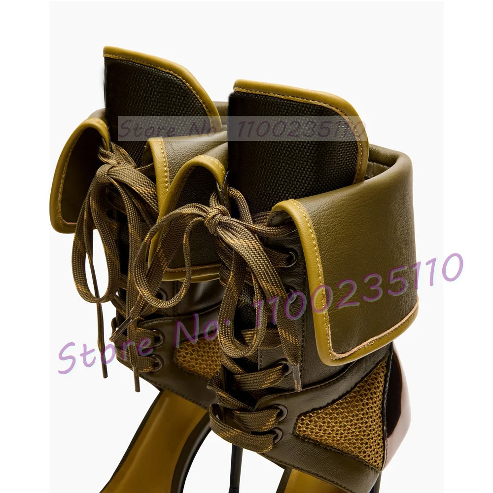 Army Green Lace Up Ankle Strap High Heel Sandals For Women