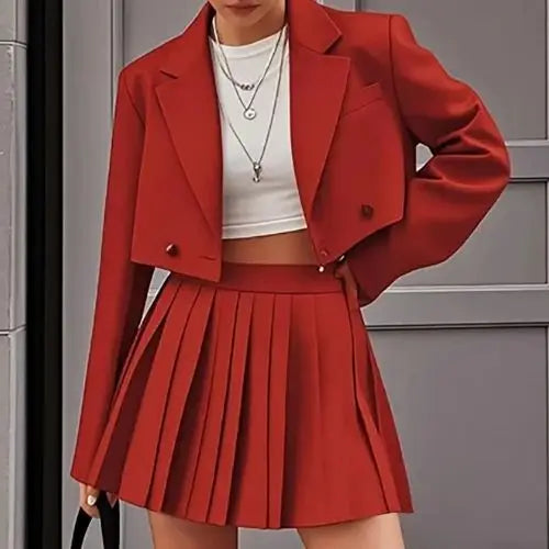 Cropped Blazer And Pleated Mini Skirt Set for Women