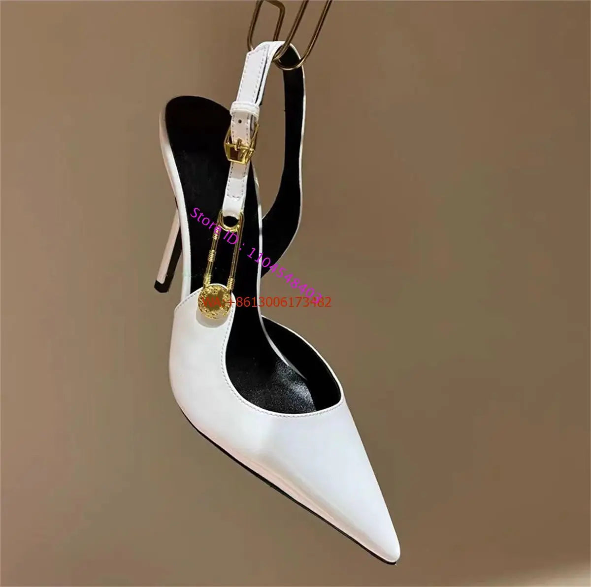 Sexy Pointed Toe Slingabck Rhinestone Sandals Lady Leather Luxury Dress Stiletto High Heel Pumps Women Shoes Metal Buckle
