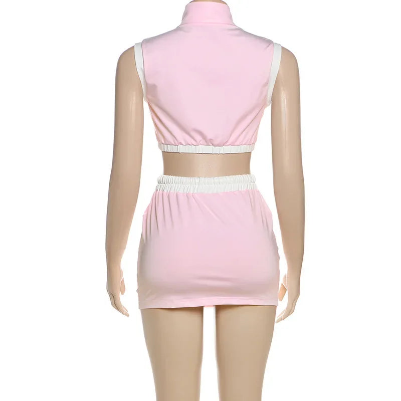 Two Piece Set Women Streetwear 2025 Summer Y2K Sexy Hot Girl Short Zipper Top & Fashion Casual Slimming Wrap Hip Mini Skirt Suit