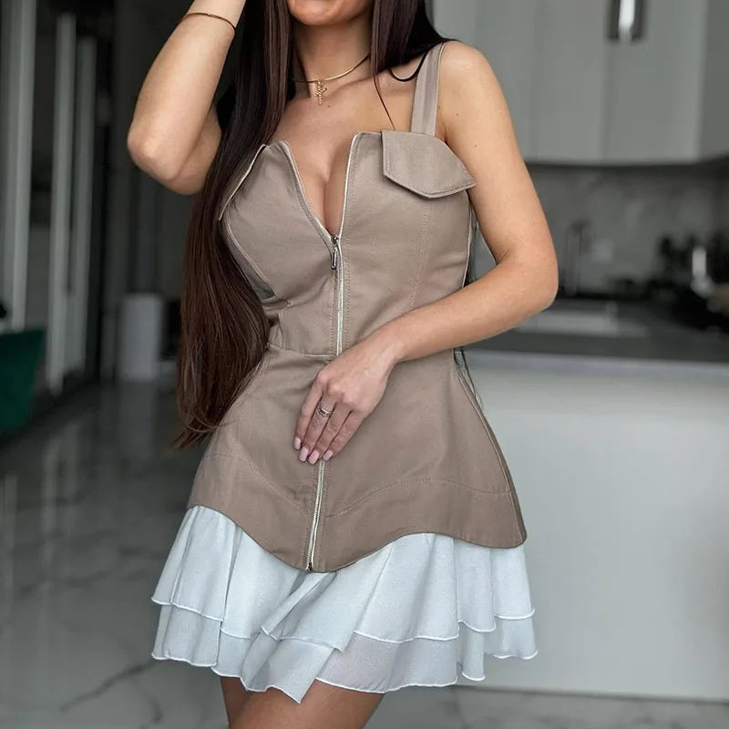 Sleeveless Square Neck Zipper Dress with Color Blocking for Women