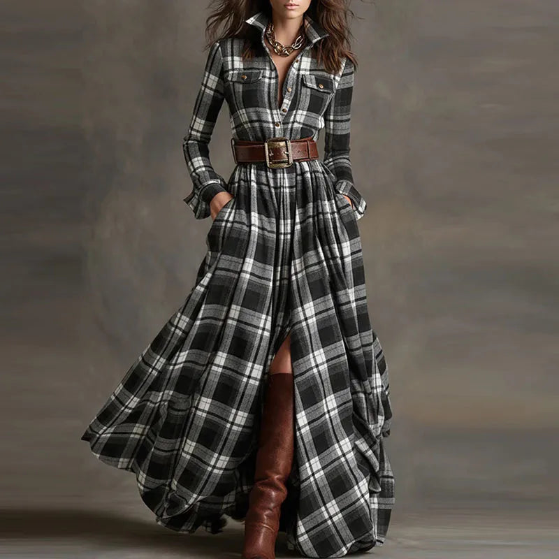 Autumn Elegant Lapel Button Long Dress Lady Casual Long Sleeve Pocket Party Dress Vintage Plaid Printed Draped Loose Shirt Dress