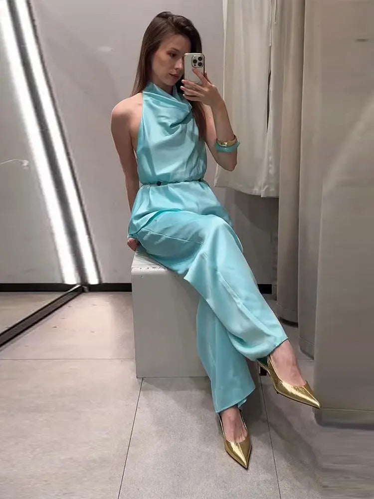 Turquoise Satin Cowl Neck Halter Top And Wide Leg Pants 2 Piece Set For Women