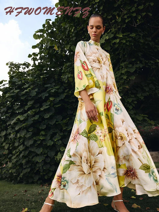 Feminine Print Dress With Stand Collar