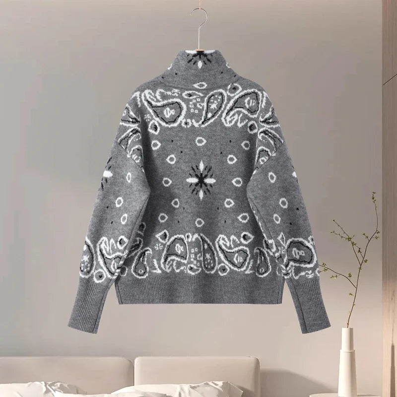 Loose Jacquard Cardigan With Stand Collar And Zipper Pockets For Women