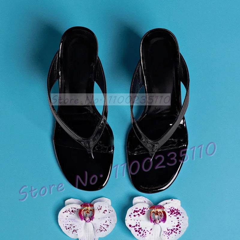 Glossy Patent Leather Thong Mules With Wedge Heel For Women