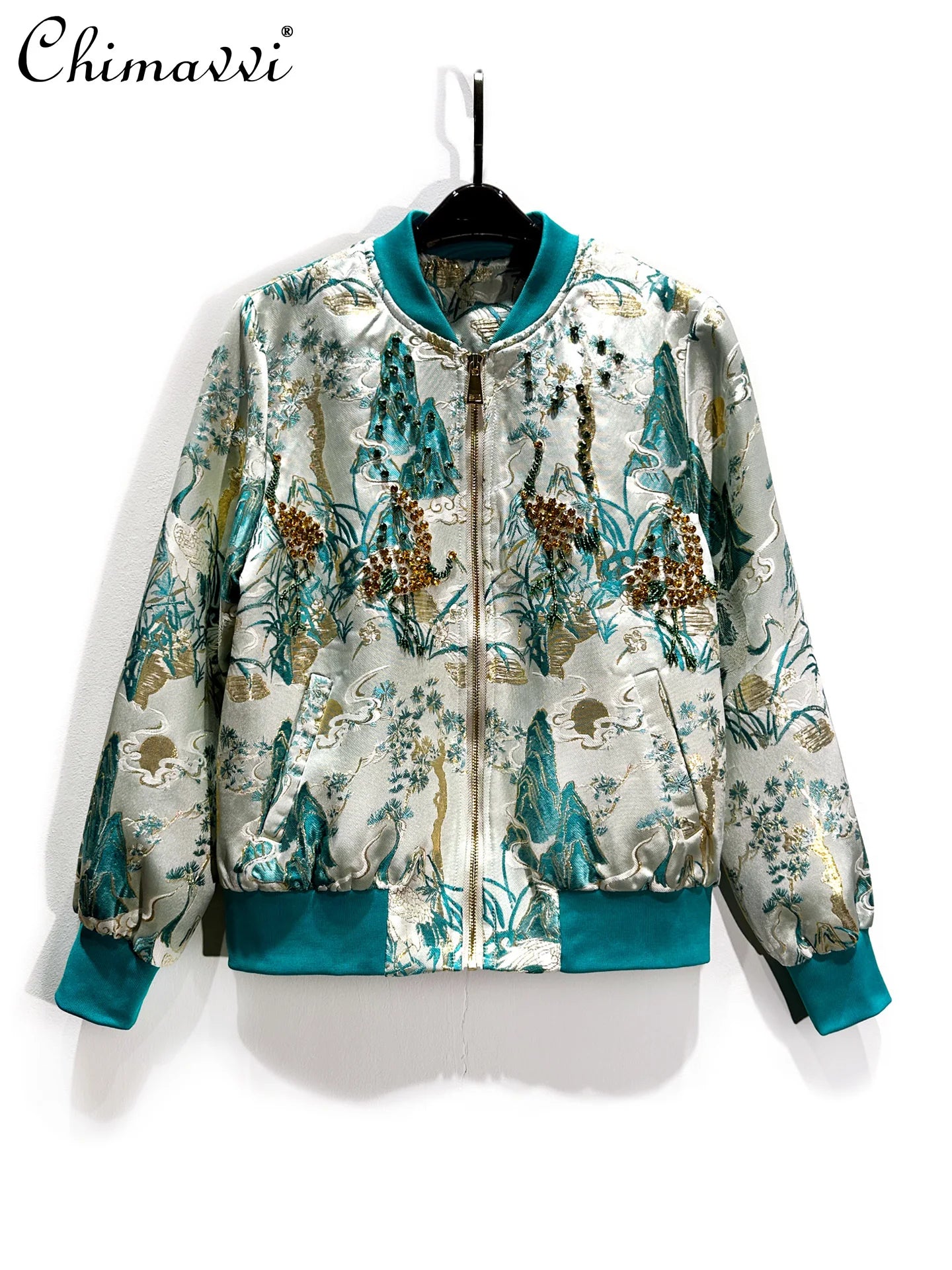 High-End Retro Baseball Jacket Women Short Coat Autumn New Heavy Beading Gold Stamping Jacquard Long Sleeve Elegant Jacket Top