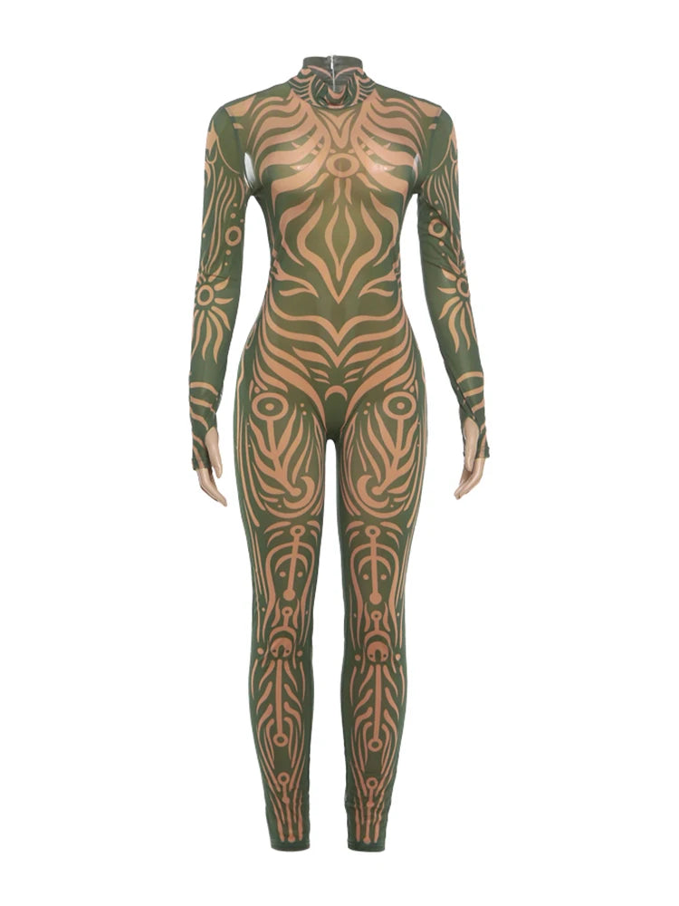 Striped Stretch Turtleneck Long Sleeve Jumpsuit for Women