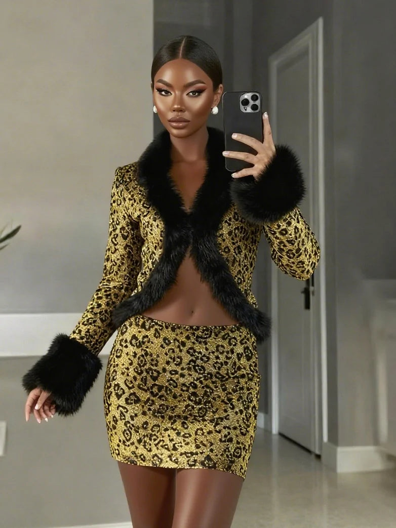 Cutenew Women 2 Piece Set Wild Fur Glitter Fluff Patchwork Cardigan Tops+Peach Hip Skirts Midnight Matching Hipster Clubwear