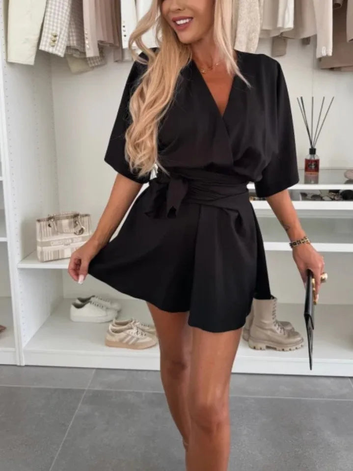 Loose Puff Sleeve Casual Romper With V Neck for Women
