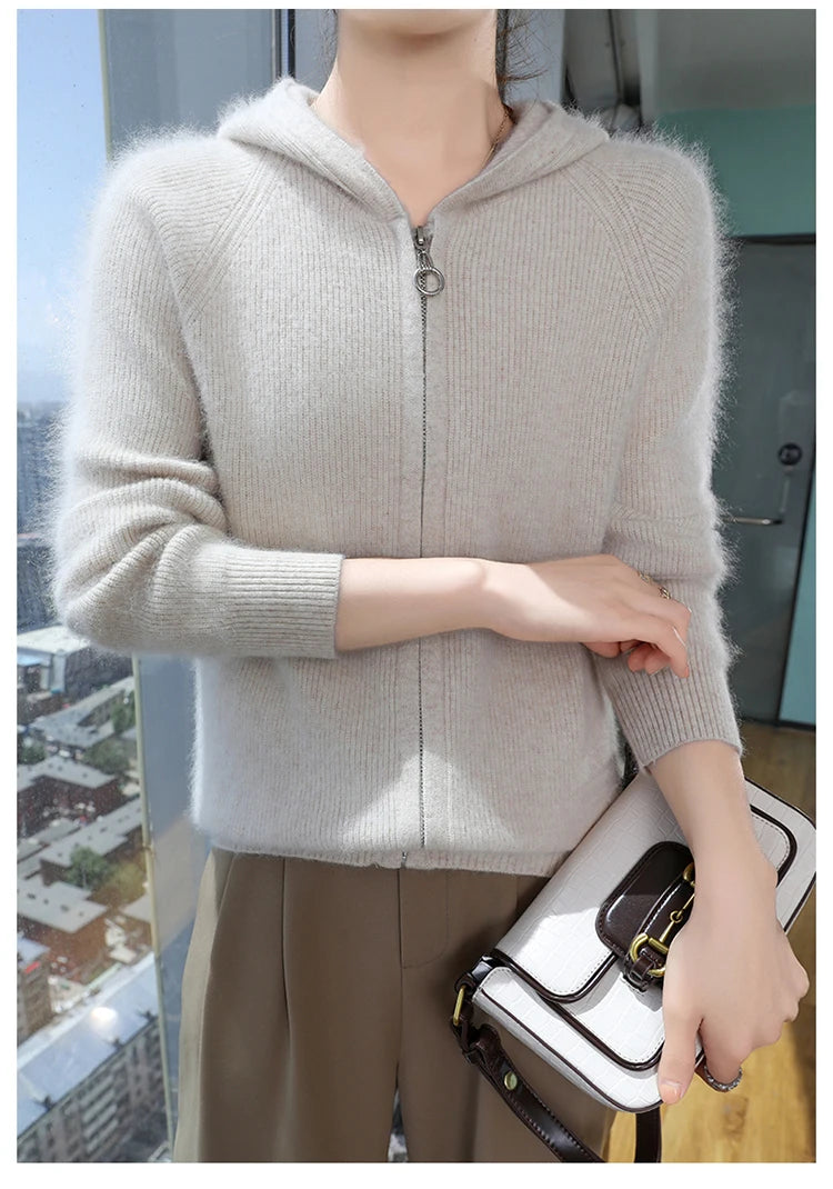Loose Hooded Cashmere Knit Zipper Cardigan for Women