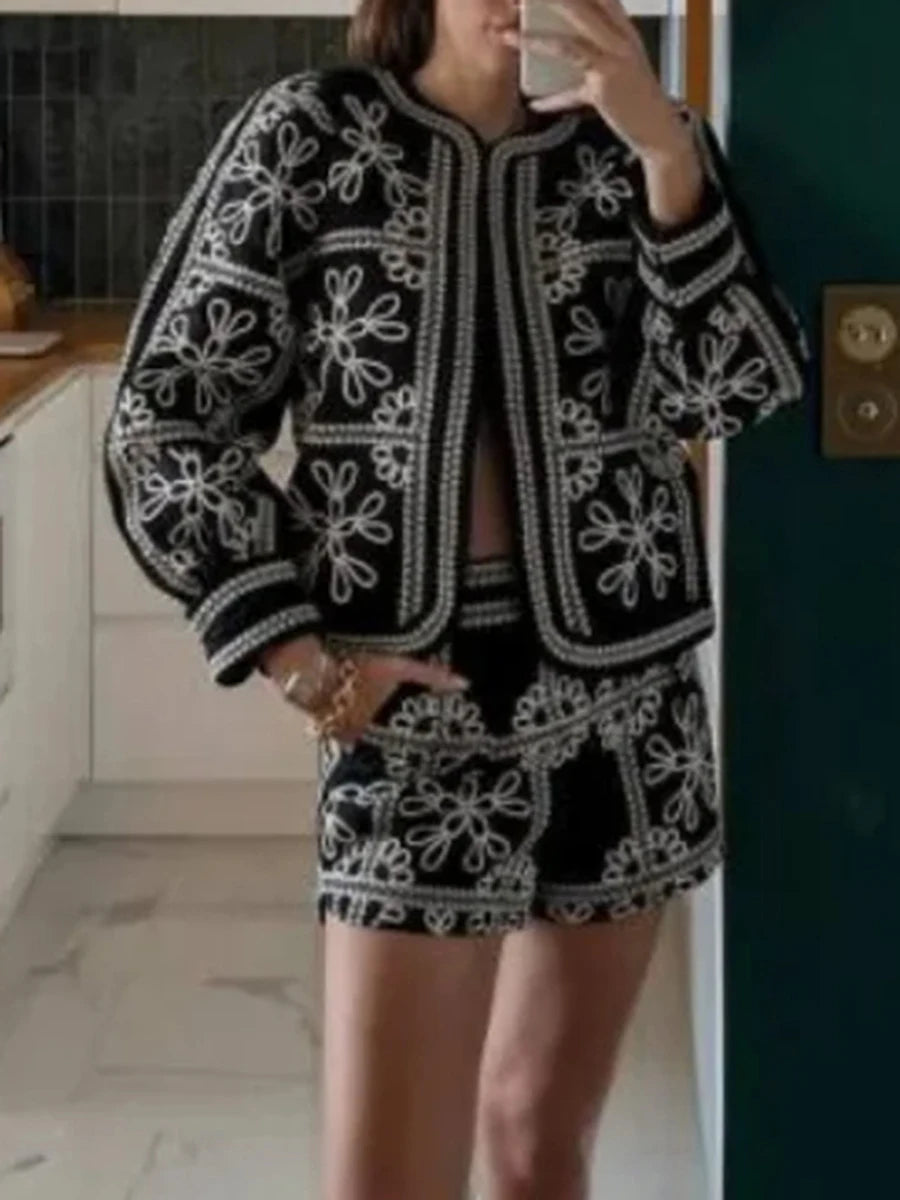 Women'S Retro Open Front Printed Embroidered Jacket, Lightweight Casual Long Sleeved Autumn Street Fashion Cardigan