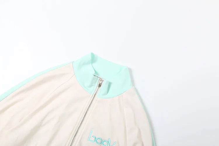 Sisterlinda Casual Sporty 2 Piece Set Women Letter Embroidery Zip Navel Exposed Jacket+Contrast Patchwork Shorts Simple Outfits