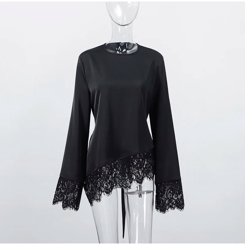 Asymmetric Lace Patchwork Loose Long Sleeve Shirt for Women