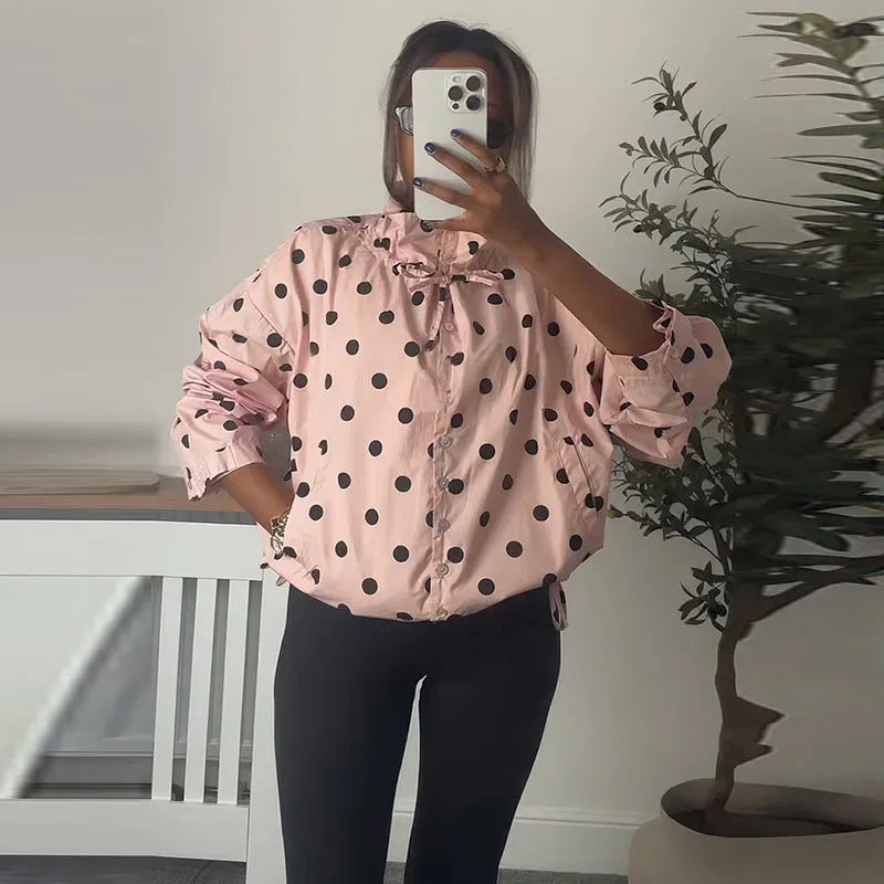 Polka Dot Lace Up Stand Collar Single Breasted Jacket for Women