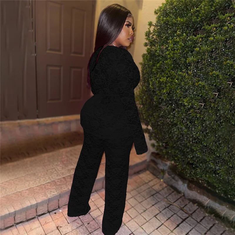 Sexy Lace Sheer Open Stitch Two Piece Set for Women