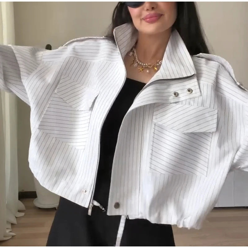 Casual Cropped Jacket With Stand Collar and Drawstring Hem for Women