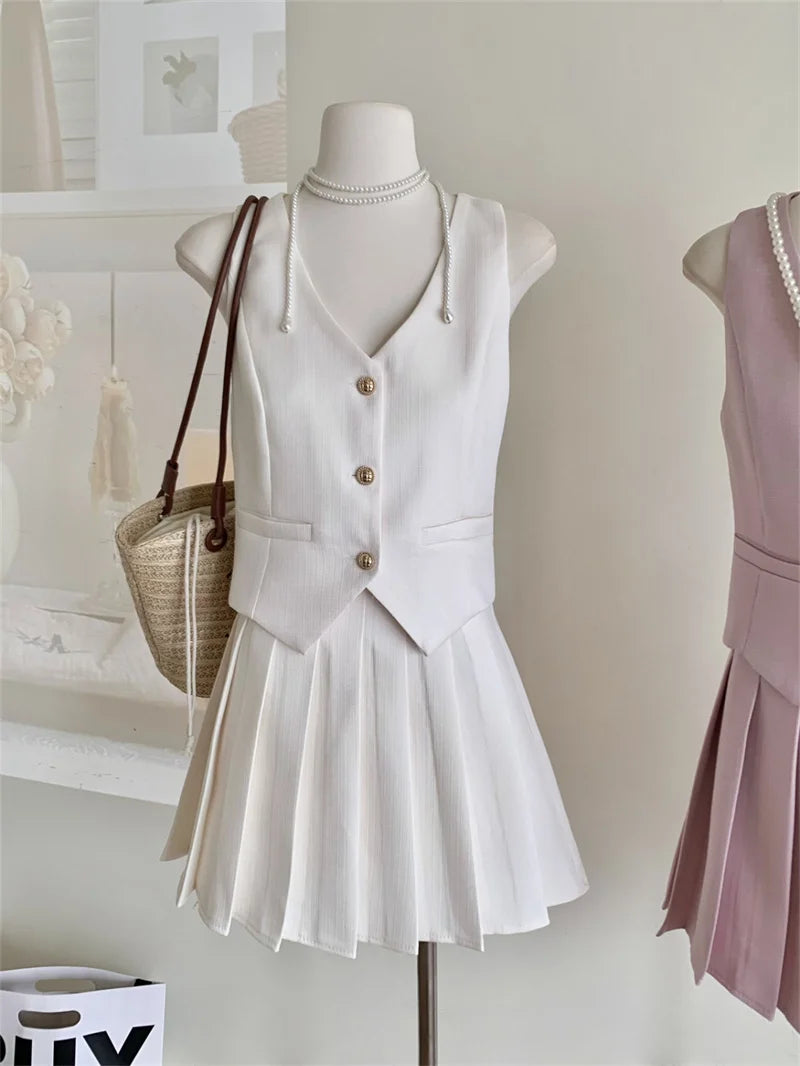 Elegant High Waist Pleated Skirt And Vest Set For Women
