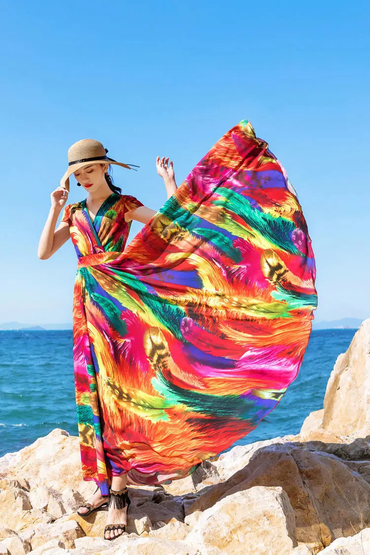 Plus Size Peacock Print Maxi Dress