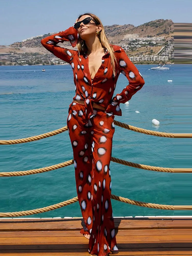 Elegant Vacation Print Shirt and Pants Set for Women