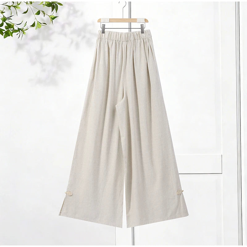 Casual Cotton Coat And Wide Leg Trouser Set for Women