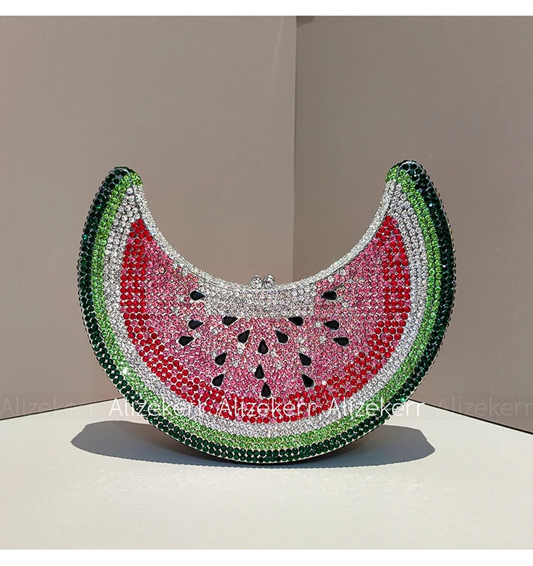 Moon Shaped Diamond Evening Bag with Watermelon Rhinestones for Women