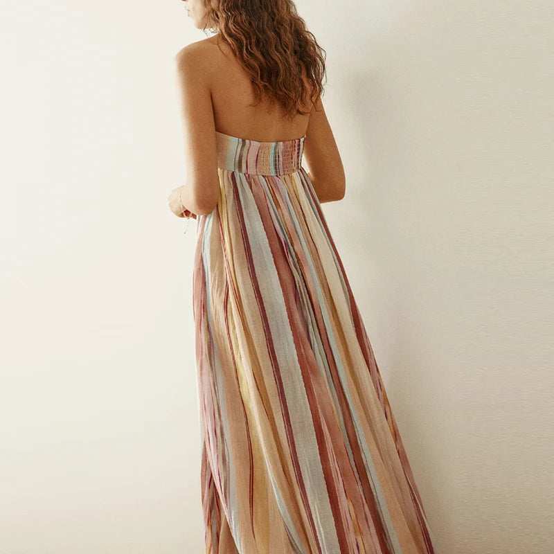 Bohemian Striped Strapless Pleated Maxi Dress for Women