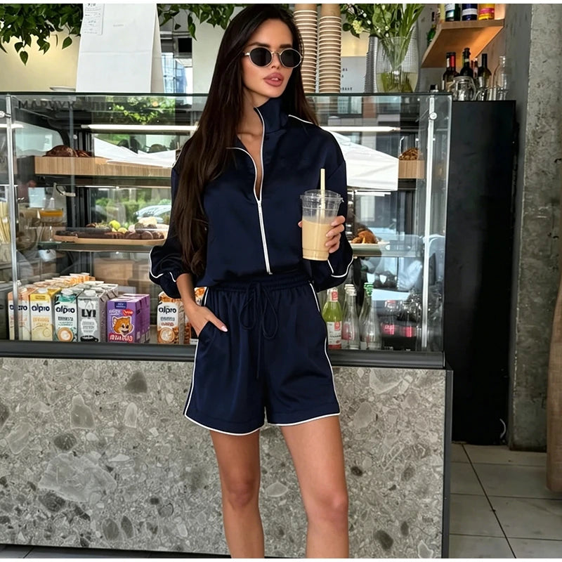 Relaxed Fit Casual Solid Coat Shorts Set for Women