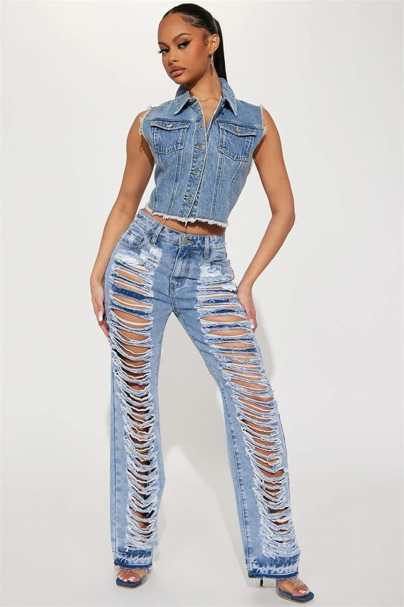 High Waist Ripped Straight Leg Summer Jeans for Women
