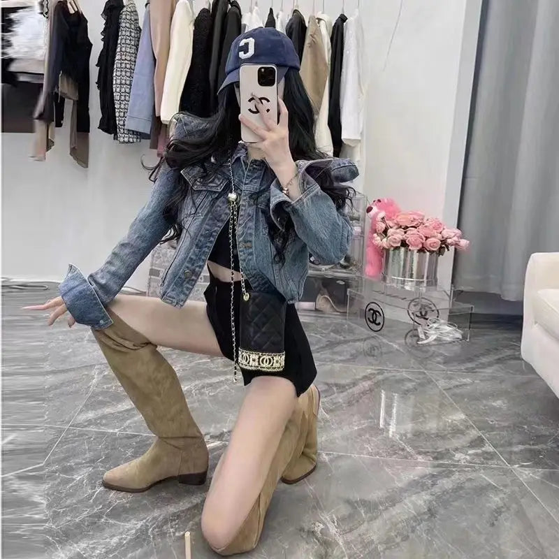 Front Zipper Vintage Denim Cropped Jacket For Women