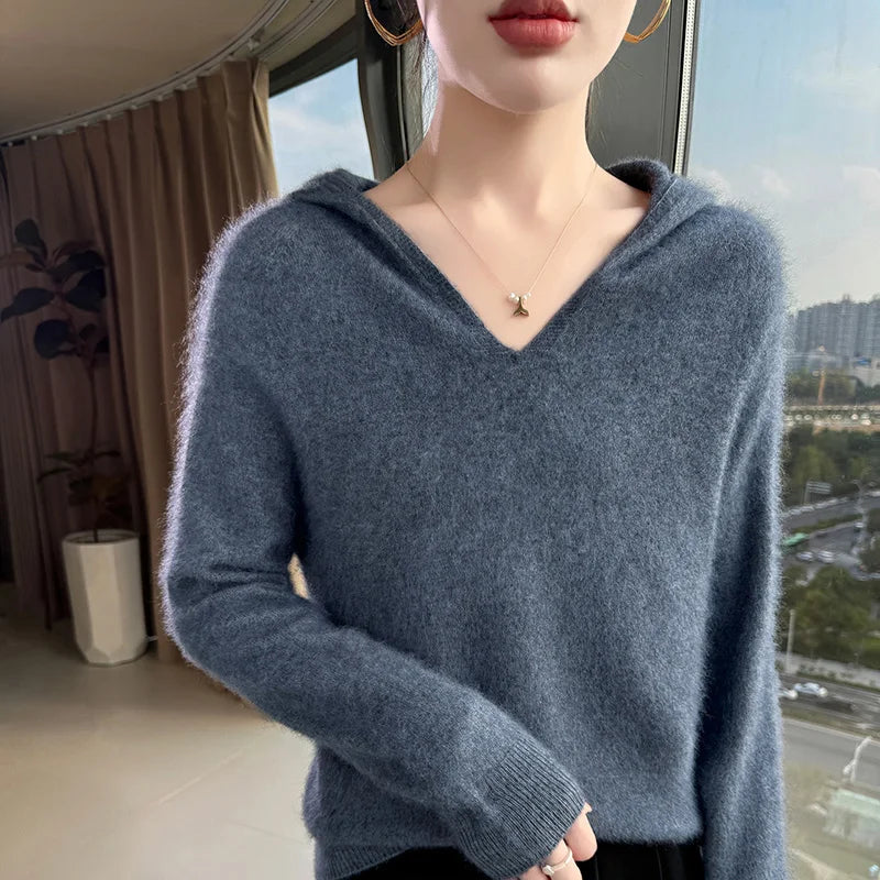 Loose Fit Thick Knit Hooded V-Neck Sweater for Women