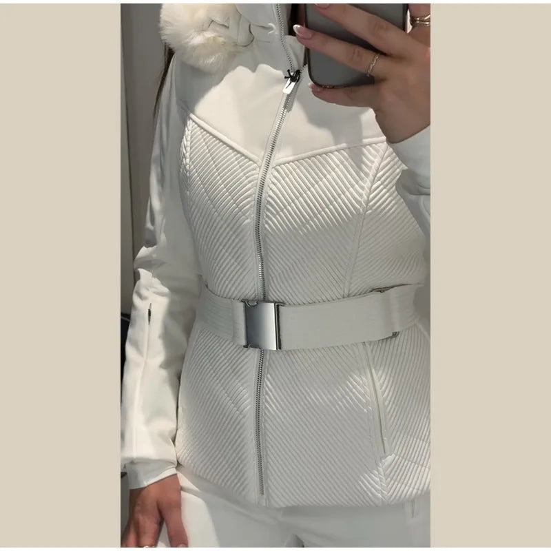 Warm Fur Trim Hooded Winter Ski Suit with Belt for Women