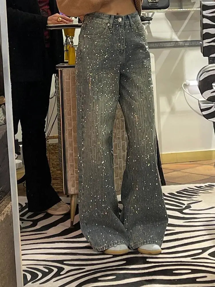 American Fashion Rhinestone Straight Leg Wide Jeans Trendy Vintage Loose Jeans Harajuku Style Hip Hop Pants Baggy Jeans Women