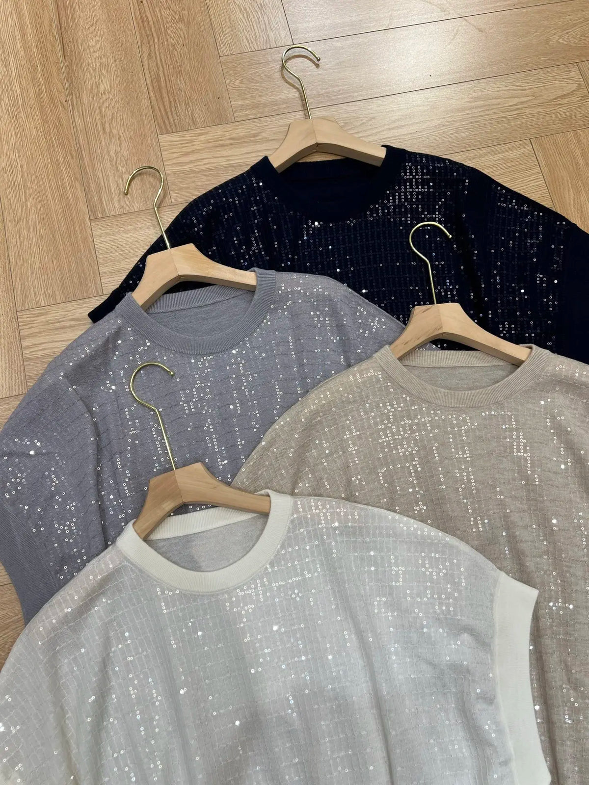 Loose Fit Sparkling Sequin Summer Knit Polo Top for Women