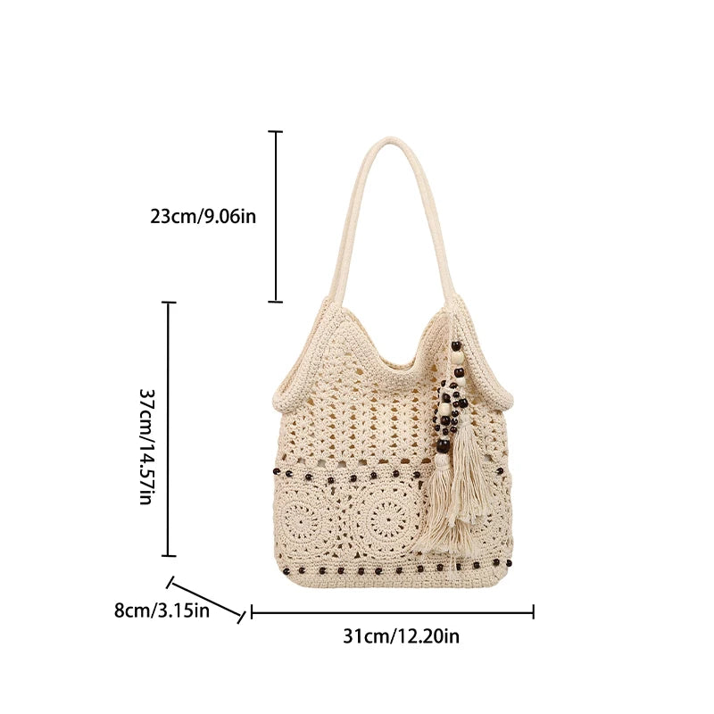 Hollow Crochet Women Bags Bohemian Large Capacity Handbags Korean Popular Bag New Tassel Cotton Shopping Bag Shoulder Bag Women