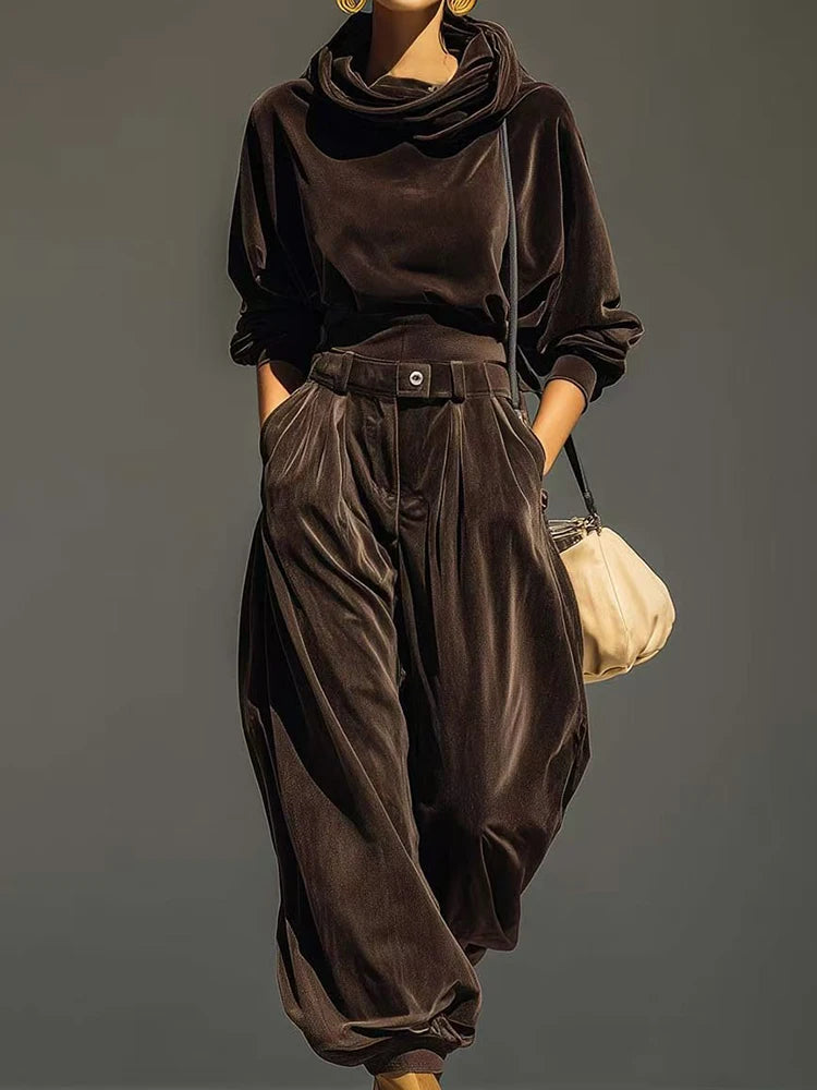 Loose Hooded Patchwork Two Piece Pants Set for Women