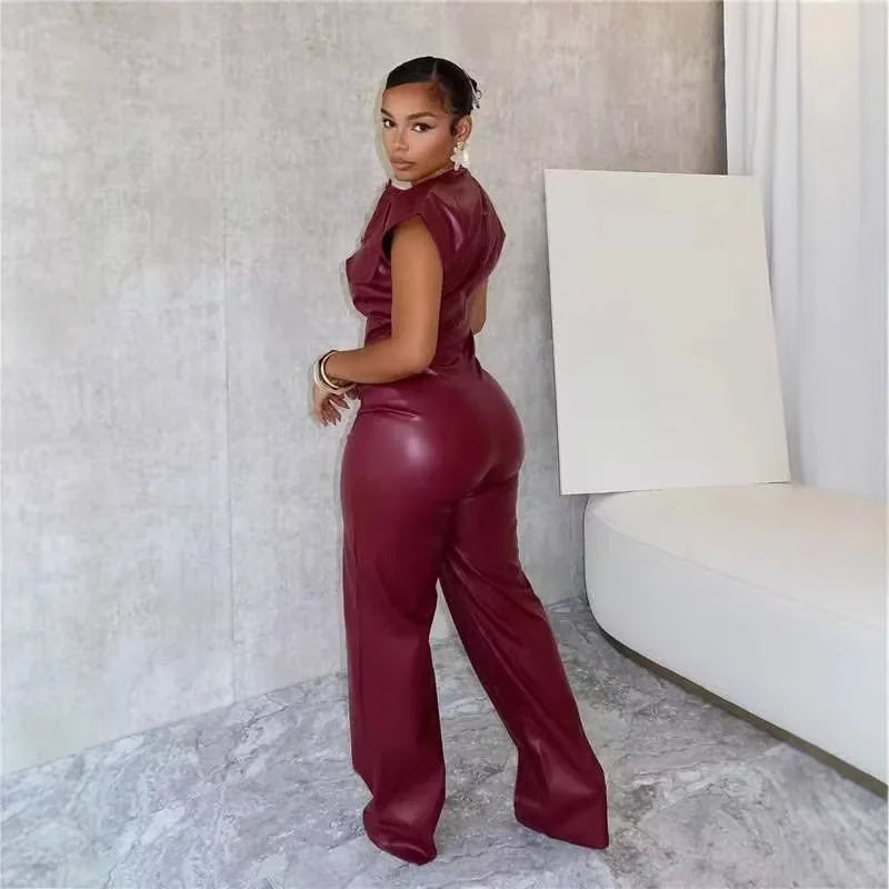 Solid Color Dark Red Wide Leg Pu Leather Jumpsuit for Women