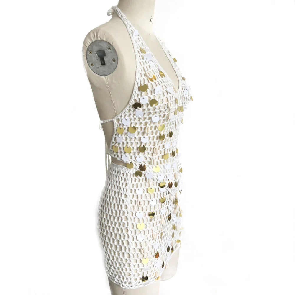 Sequin Crochet Halter Beach Two Piece Set for Women