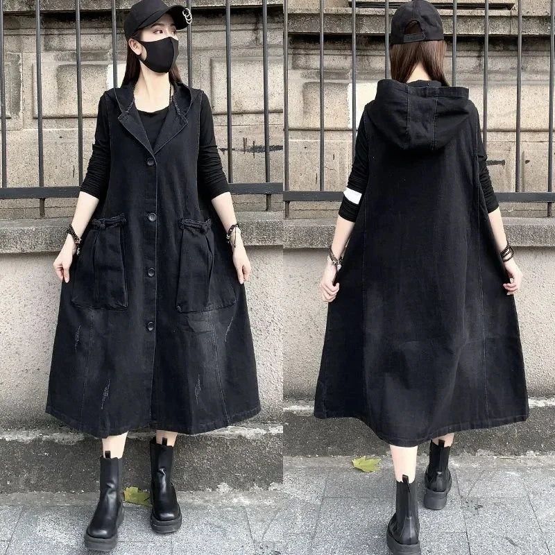 Loose Fit Hooded Denim Vest With Big Pockets For Women