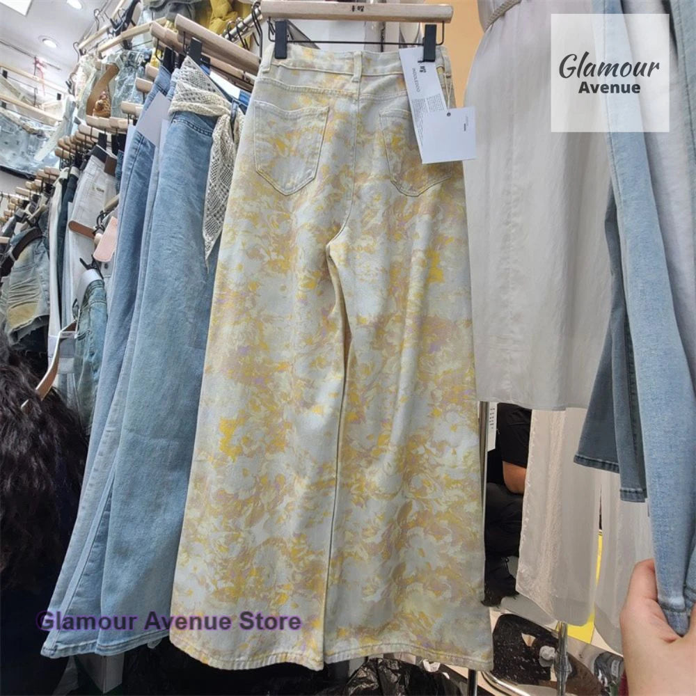 French retro yellow tie-dye printed wide-leg jeans women's spring and autumn fashion design casual wild straight mop pants.