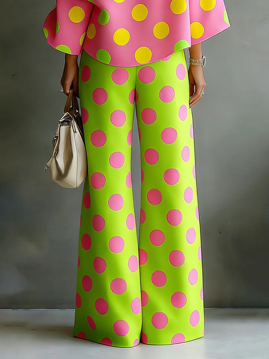 Bonboho Women's High Waist Polka Dot Pants Bright Green with Pink Dots Wide Leg Trousers 2026 Summer Casual Commuter Bottoms