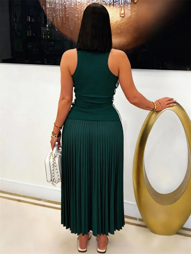 Side Striped Patchwork Pleated Sleeveless A Line Dress for Women