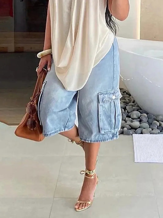 Beautyblue Loose Wide Leg Pants Women's Denim Shorts Vintage Fashion Loose Pocket Five Points Pants Streetwear High Waist Pants