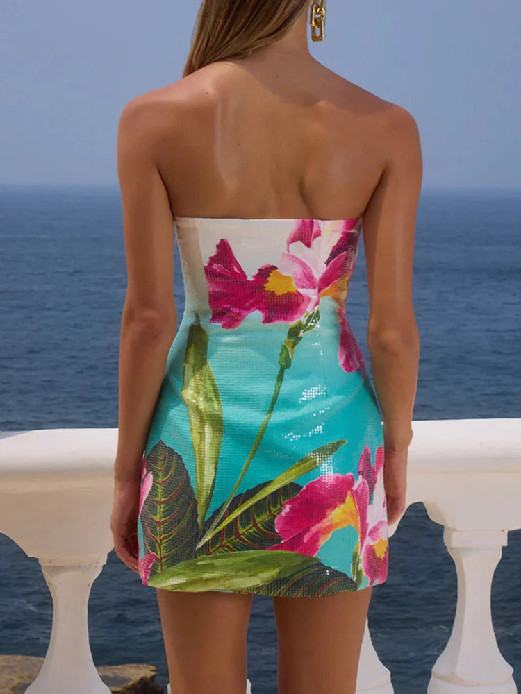 Strapless Patchwork Sequined Chic Mini Dress, Women Summer Beach Style Sleeveless Party Dress, Sexy Backless Lady Dress Vestidos