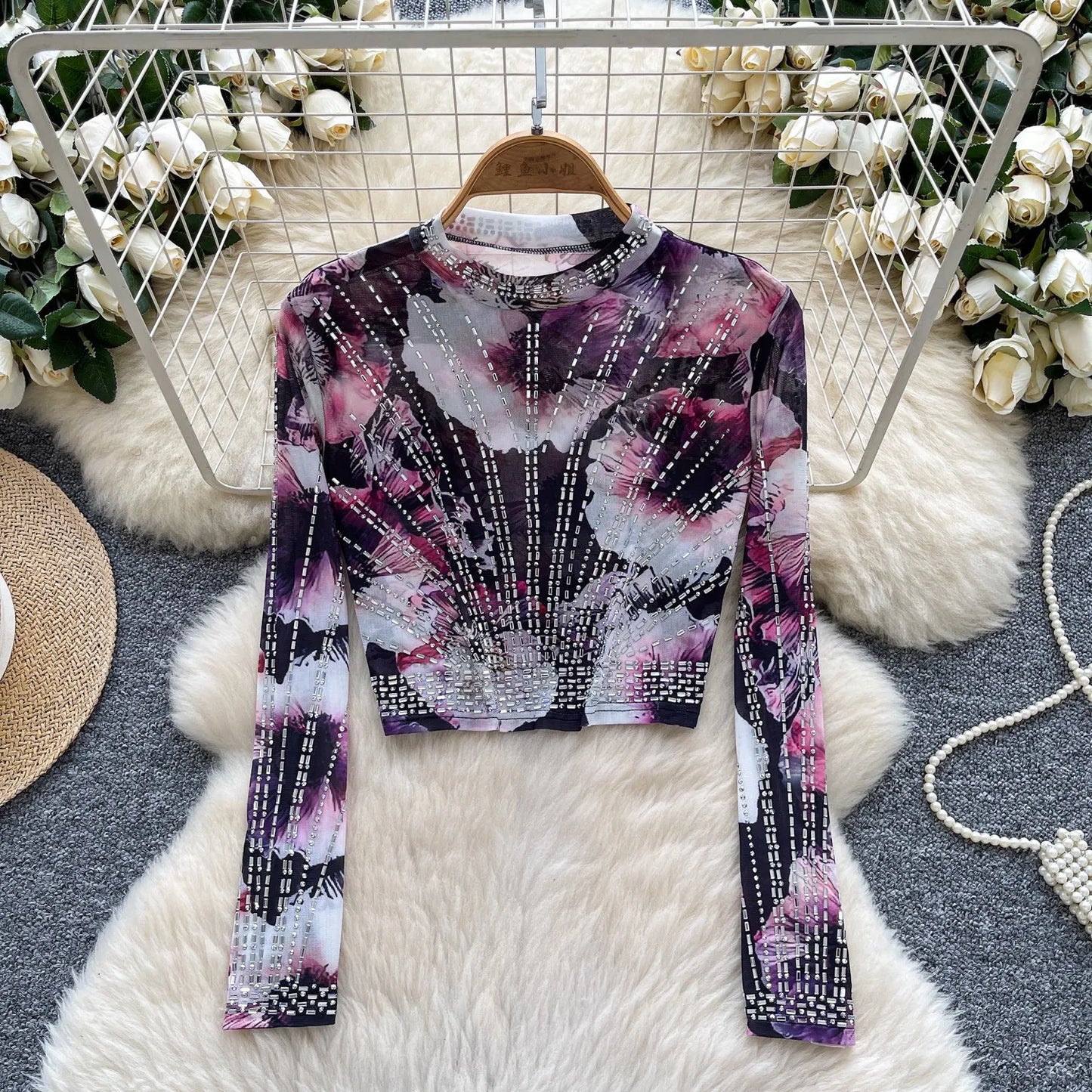 Leopard Print Rhinestone Mesh Long Sleeve Crop Top for Women