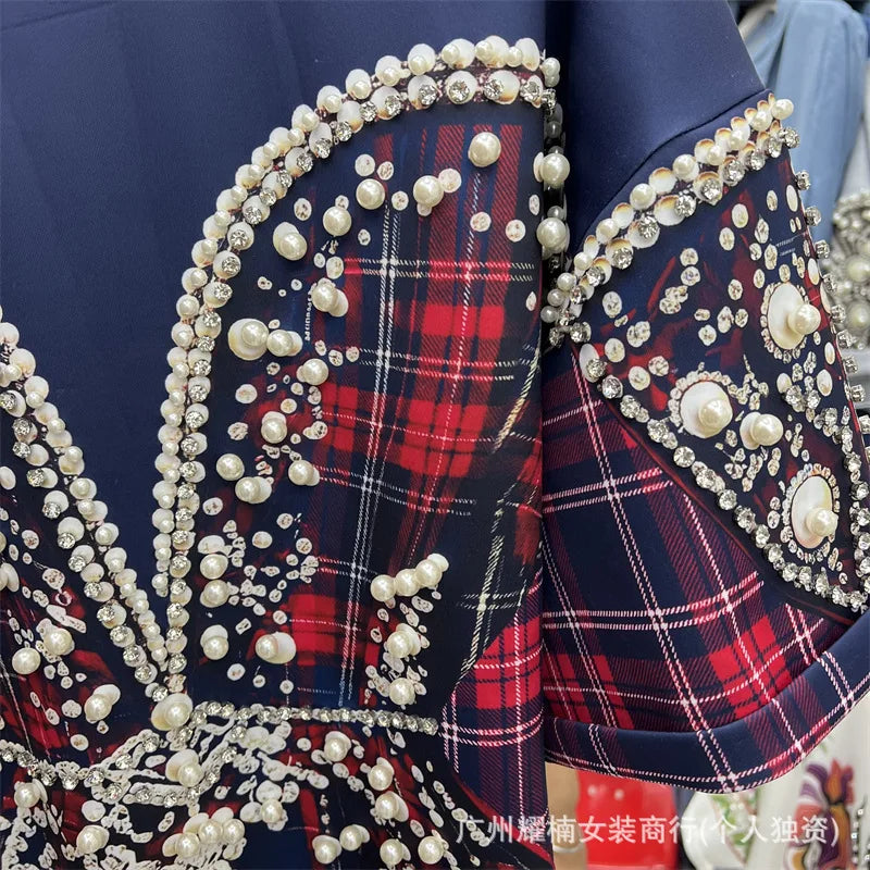 Colorblock Plaid Short Sleeve Female T-shirt Luxury Beading Round Neck Pullover Top All-match Spring Summer Women Casual Tees